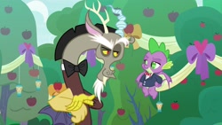 Size: 1920x1080 | Tagged: safe, screencap, character:discord, character:spike, species:dragon, episode:the big mac question, g4, my little pony: friendship is magic, apple, apple tree, bow tie, clothing, suit, tree, winged spike