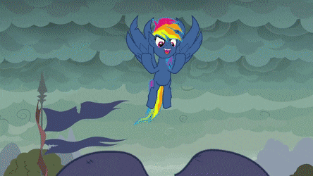 Size: 444x250 | Tagged: safe, screencap, character:evil pie hater dash, character:pinkie pie, character:rainbow dash, species:demon pony, species:earth pony, species:pegasus, species:pony, episode:secrets and pies, g4, my little pony: friendship is magic, adorable distress, adorapiehater, angry, animated, cute, cute little fangs, demon, diapinkes, eye beams, eyes closed, fangs, female, flying, happy, open mouth, original species, rainbow dash is not amused, screaming, talking, unamused, uvula