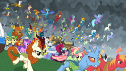 Size: 1920x1080 | Tagged: safe, screencap, character:amethyst star, character:autumn blaze, character:big mcintosh, character:blaze, character:chancellor neighsay, character:chief thunderhooves, character:firelight, character:fizzlepop berrytwist, character:flam, character:fleetfoot, character:flim, character:gabby, character:garble, character:gilda, character:grampa gruff, character:greta, character:lemon hearts, character:little strongheart, character:lyra heartstrings, character:minuette, character:moondancer, character:night light, character:party favor, character:pharynx, character:prince pharynx, character:prince rutherford, character:princess ember, character:prominence, character:rain shine, character:ruby love, character:seaspray, character:sky beak, character:soarin', character:sparkler, character:spitfire, character:stellar flare, character:sunburst, character:surprise, character:tempest shadow, character:terramar, character:thorax, character:trixie, character:twilight velvet, character:zecora, species:buffalo, species:changeling, species:crystal pony, species:dragon, species:griffon, species:hippogriff, species:kirin, species:reformed changeling, species:yak, episode:the ending of the end, g4, my little pony: friendship is magic, awesome, ballista, billy (dragon), carapace (character), clothing, clump, endgame, equestria assemble, everycreature, everyone is here, everypony, evil grin, final battle, fume, grin, smiling, spear (dragon), spiracle, uniform, wind waker (character), wonderbolts uniform
