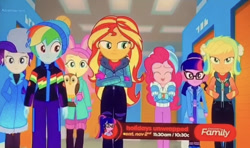 Size: 828x490 | Tagged: safe, screencap, character:applejack, character:fluttershy, character:pinkie pie, character:rainbow dash, character:rarity, character:sunset shimmer, character:twilight sparkle, character:twilight sparkle (scitwi), species:eqg human, equestria girls:holidays unwrapped, g4, my little pony:equestria girls, clothing, humane five, humane seven, humane six, promo, winter outfit