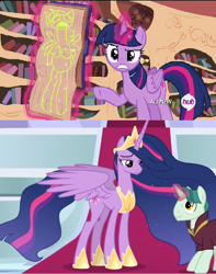 Size: 800x1014 | Tagged: safe, screencap, character:twilight sparkle, character:twilight sparkle (alicorn), species:alicorn, species:pony, episode:testing testing 1-2-3, episode:the last problem, g4, my little pony: friendship is magic, book, crown, drawing, flowing mane, golden oaks library, i am not that tall, irony, jewelry, magic, older, older twilight, princess twilight 2.0, regalia, telekinesis