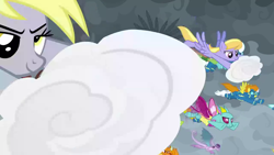 Size: 1280x720 | Tagged: safe, screencap, character:blaze, character:cloud kicker, character:derpy hooves, character:fleetfoot, character:prominence, species:changeling, species:dragon, species:pegasus, species:pony, species:reformed changeling, episode:the ending of the end, g4, my little pony: friendship is magic, cloud, epic derpy, flying, wonderbolts
