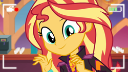 Size: 1920x1080 | Tagged: safe, screencap, character:sunset shimmer, episode:how to backstage, g4, my little pony:equestria girls, camera shot, close-up, clothing, coffee machine, cute, female, jacket, looking at you, recording, selfie drone, shimmerbetes, smiling, solo
