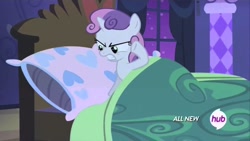 Size: 1280x720 | Tagged: safe, screencap, character:sweetie belle, species:pony, species:unicorn, episode:for whom the sweetie belle toils, angry, bed, blanket, female, filly, hub logo, pillow, solo