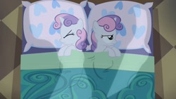 Size: 1280x720 | Tagged: safe, screencap, character:sweetie belle, species:pony, species:unicorn, episode:for whom the sweetie belle toils, angry, bed, clone, duo, female, filly, self ponidox, sweetie belle is not amused, unamused