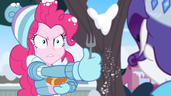 Size: 1164x655 | Tagged: safe, screencap, character:pinkie pie, character:rarity, equestria girls:holidays unwrapped, g4, my little pony:equestria girls, female, food, fork, plusplus, souffle, tree