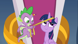 Size: 1668x937 | Tagged: safe, screencap, character:spike, character:twilight sparkle, character:twilight sparkle (alicorn), species:alicorn, species:dragon, species:pony, episode:the ending of the end, g4, my little pony: friendship is magic, cropped, cute, flying, measuring tape, pencil, sitting, smiling, throne, twiabetes, winged spike