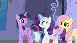 Size: 1668x940 | Tagged: safe, screencap, character:fluttershy, character:rarity, character:twilight sparkle, character:twilight sparkle (alicorn), species:alicorn, species:pegasus, species:pony, species:unicorn, episode:the ending of the end, g4, my little pony: friendship is magic, cropped, female, glowing horn, horn, levitation, looking at each other, magic, mare, one eye closed, open mouth, paper, raised hoof, saddle bag, smiling, telekinesis, trio, wink