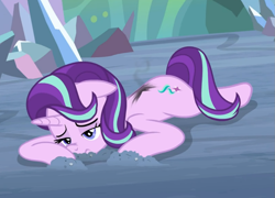 Size: 1043x753 | Tagged: safe, screencap, character:starlight glimmer, species:pony, species:unicorn, episode:the ending of the end, g4, my little pony: friendship is magic, cropped, dirt, faceplant, female, floppy ears, injured, lying down, mare, scrunchy face, solo