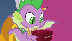 Size: 1366x768 | Tagged: safe, screencap, character:spike, species:dragon, episode:the ending of the end, g4, my little pony: friendship is magic, box, measuring tape, pencil, present, solo, winged spike