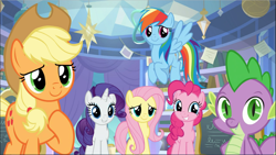 Size: 1669x940 | Tagged: safe, screencap, character:applejack, character:fluttershy, character:pinkie pie, character:rainbow dash, character:rarity, character:spike, species:dragon, species:earth pony, species:pegasus, species:pony, species:unicorn, episode:the ending of the end, g4, my little pony: friendship is magic, applejack's hat, clothing, cowboy hat, cropped, female, flying, group, hat, male, mare, raised hoof, smiling, spread wings, winged spike, wings