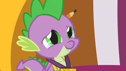 Size: 1366x768 | Tagged: safe, screencap, character:spike, species:dragon, episode:the ending of the end, g4, my little pony: friendship is magic, appreciation, crying, cute, happy, medallion, pencil, solo, spikabetes, winged spike