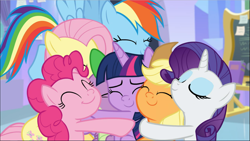 Size: 1669x940 | Tagged: safe, screencap, character:applejack, character:fluttershy, character:pinkie pie, character:rainbow dash, character:rarity, character:spike, character:twilight sparkle, character:twilight sparkle (alicorn), species:alicorn, species:dragon, species:earth pony, species:pegasus, species:pony, species:unicorn, episode:the ending of the end, g4, my little pony: friendship is magic, :t, comforting, cropped, cute, eyes closed, female, group, group hug, hug, male, mane six, mare, smiling