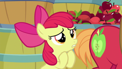 Size: 1280x720 | Tagged: safe, screencap, character:apple bloom, character:big mcintosh, episode:going to seed, g4, my little pony: friendship is magic, apple, barrel, food