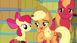 Size: 1920x1080 | Tagged: safe, screencap, character:apple bloom, character:applejack, character:big mcintosh, species:earth pony, species:pony, episode:going to seed, g4, my little pony: friendship is magic, apple, barrel, food, smiling