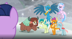Size: 1564x852 | Tagged: safe, screencap, character:gallus, character:ocellus, character:sandbar, character:silverstream, character:smolder, character:twilight sparkle, character:twilight sparkle (alicorn), character:yona, species:alicorn, species:changedling, species:changeling, species:classical hippogriff, species:dragon, species:earth pony, species:griffon, species:hippogriff, species:pony, species:reformed changeling, species:yak, episode:the ending of the end, g4, my little pony: friendship is magic, bow, cloven hooves, colored hooves, dragoness, female, hair bow, jewelry, male, monkey swings, necklace, needs more jpeg, shipping fuel, student six, teenager