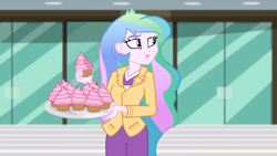 Size: 1164x655 | Tagged: safe, screencap, character:princess celestia, character:principal celestia, equestria girls:holidays unwrapped, g4, my little pony:equestria girls, cake, cakelestia, clothing, crumbs, cupcake, female, food, imagine spot, pistachio cream cupcake, solo, this will end in weight gain, winter break-in