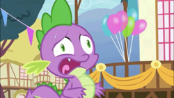Size: 1334x750 | Tagged: safe, screencap, character:spike, species:dragon, balloon, faec, male, open mouth, ponyville, ponyville town hall, solo, sweat