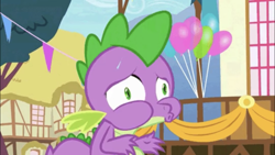 Size: 1334x750 | Tagged: safe, screencap, character:spike, species:dragon, balloon, faec, male, ponyville, ponyville town hall, solo, sweat