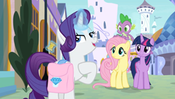Size: 1366x768 | Tagged: safe, screencap, character:fluttershy, character:rarity, character:spike, character:twilight sparkle, character:twilight sparkle (alicorn), species:alicorn, species:dragon, species:pony, episode:the ending of the end, g4, my little pony: friendship is magic, canterlot, magic, saddle bag, spool, telekinesis, tower, winged spike