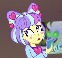 Size: 1159x1080 | Tagged: safe, screencap, character:supernova zap, equestria girls:sunset's backstage pass, g4, my little pony:equestria girls, compact mirror, cropped, cute, female, heart, poster, solo, su-z, su-z-betes, supernova zap