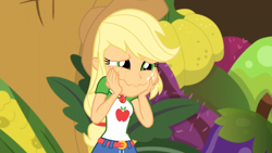 Size: 1164x655 | Tagged: safe, screencap, character:applejack, equestria girls:holidays unwrapped, g4, my little pony:equestria girls, applejack's hat, clothing, cowboy hat, food, geode of super strength, hand on cheek, hat, magical geodes, smiling, wavy mouth