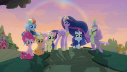 Size: 1920x1080 | Tagged: safe, screencap, character:applejack, character:fluttershy, character:pinkie pie, character:rainbow dash, character:rarity, character:spike, character:twilight sparkle, character:twilight sparkle (alicorn), species:alicorn, species:dragon, species:pegasus, species:pony, species:unicorn, episode:the last problem, g4, my little pony: friendship is magic, alternate hairstyle, crown, end of ponies, female, gigachad spike, jewelry, mane seven, mane six, mare, older, older applejack, older fluttershy, older mane seven, older mane six, older pinkie pie, older rainbow dash, older rarity, older spike, older twilight, princess twilight 2.0, regalia, sunset, sweet apple acres barn, the end, winged spike