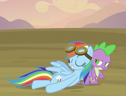 Size: 645x495 | Tagged: safe, screencap, character:rainbow dash, character:spike, species:dragon, species:pegasus, species:pony, ship:rainbowspike, episode:hurricane fluttershy, g4, my little pony: friendship is magic, cropped, duo, eyes closed, female, goggles, lying down, male, mare, out of context, shipping, straight, wat