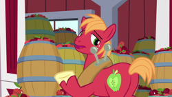 Size: 1280x720 | Tagged: safe, screencap, character:big mcintosh, episode:going to seed, g4, my little pony: friendship is magic, apple, barrel, butt, food, male, plot, solo