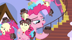 Size: 1366x768 | Tagged: safe, screencap, character:pinkie pie, episode:the ending of the end, g4, my little pony: friendship is magic, chocolate, cupcake, food, frosting, satisfied, satisfying, solo, sprinkles, stairs