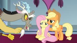 Size: 1366x768 | Tagged: safe, screencap, character:applejack, character:discord, character:fluttershy, episode:the ending of the end, g4, my little pony: friendship is magic, carpet, crying, fist, one eye closed, sad, wink