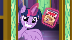 Size: 1671x938 | Tagged: safe, screencap, character:twilight sparkle, character:twilight sparkle (alicorn), species:alicorn, species:pony, episode:the last problem, g4, my little pony: friendship is magic, comic book, cropped, dreamworks face, evil grin, glowing horn, grin, horn, levitation, magic, proud, smiling, smirk, solo, telekinesis, written equestrian