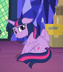 Size: 587x670 | Tagged: safe, screencap, character:twilight sparkle, character:twilight sparkle (alicorn), species:alicorn, species:pony, episode:the last problem, g4, my little pony: friendship is magic, cropped, cute, floppy ears, looking back, sad, sad face, sadorable, sitting, solo, spread wings, twiabetes, wings