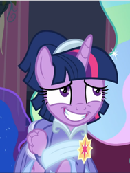 Size: 712x941 | Tagged: safe, screencap, character:twilight sparkle, character:twilight sparkle (alicorn), species:alicorn, species:pony, episode:the last problem, g4, my little pony: friendship is magic, adorkable, awkward smile, clothing, coronation dress, cropped, cute, dork, dress, nervous, offscreen character, second coronation dress, sheepish grin, solo focus
