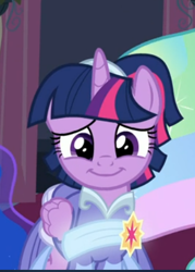 Size: 346x484 | Tagged: safe, screencap, character:twilight sparkle, character:twilight sparkle (alicorn), species:alicorn, species:pony, episode:the last problem, g4, my little pony: friendship is magic, clothing, coronation dress, cropped, cute, dress, female, folded wings, looking at you, mare, offscreen character, second coronation dress, smiling, solo focus, twiabetes, wings