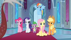 Size: 1366x768 | Tagged: safe, screencap, character:applejack, character:discord, character:pinkie pie, character:rainbow dash, character:rarity, character:spike, species:dragon, episode:the ending of the end, g4, my little pony: friendship is magic, banner, carpet, door, stained glass window, throne room, winged spike