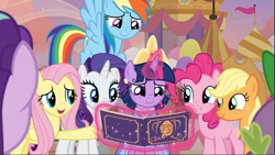 Size: 1669x939 | Tagged: safe, screencap, character:applejack, character:fluttershy, character:pinkie pie, character:rainbow dash, character:rarity, character:spike, character:starlight glimmer, character:twilight sparkle, character:twilight sparkle (alicorn), species:alicorn, species:dragon, species:earth pony, species:pegasus, species:pony, species:unicorn, episode:the last problem, g4, my little pony: friendship is magic, applejack's hat, book, clothing, coronation dress, cowboy hat, cropped, crown, cute, dress, female, flying, glowing horn, group, hat, horn, jewelry, levitation, magic, male, mane eight, mane six, mare, open mouth, raised hoof, regalia, second coronation dress, smiling, telekinesis
