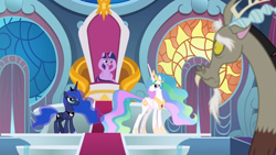 Size: 1366x768 | Tagged: safe, screencap, character:discord, character:princess celestia, character:princess luna, character:twilight sparkle, character:twilight sparkle (alicorn), species:alicorn, species:pony, episode:the ending of the end, g4, my little pony: friendship is magic, curtains, disbelief, sad, stained glass window, stairs, throne, throne room