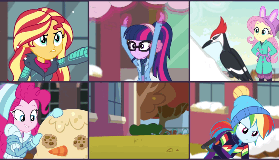 Size: 960x550 | Tagged: safe, screencap, character:applejack, character:fluttershy, character:pinkie pie, character:rainbow dash, character:rarity, character:sunset shimmer, character:twilight sparkle, character:twilight sparkle (scitwi), species:eqg human, equestria girls:holidays unwrapped, g4, my little pony:equestria girls, animated, blizzard or bust, clothing, magic, snowman, telekinesis, winter outfit, woodpecker