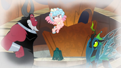 Size: 1366x768 | Tagged: safe, screencap, character:cozy glow, character:lord tirek, character:queen chrysalis, species:alicorn, species:pony, episode:the ending of the end, g4, my little pony: friendship is magic, alicornified, bell, bracer, cozycorn, flashback, flying, grogar's bell, race swap