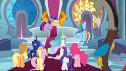 Size: 1366x768 | Tagged: safe, screencap, character:applejack, character:discord, character:fluttershy, character:pinkie pie, character:princess celestia, character:princess luna, character:rainbow dash, character:rarity, character:spike, character:twilight sparkle, character:twilight sparkle (alicorn), species:alicorn, species:dragon, species:pony, episode:the ending of the end, g4, my little pony: friendship is magic, balloonbutt, butt, carpet, curtains, flying, mane six, plot, rainbutt dash, stained glass window, throne, throne room, winged spike