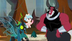 Size: 1366x768 | Tagged: safe, screencap, character:cozy glow, character:lord tirek, character:queen chrysalis, species:alicorn, species:pony, episode:the ending of the end, g4, my little pony: friendship is magic, alicornified, bracer, cave, cavern, cozycorn, grogar's bell, hands on hip, nose piercing, nose ring, piercing, race swap, sinister