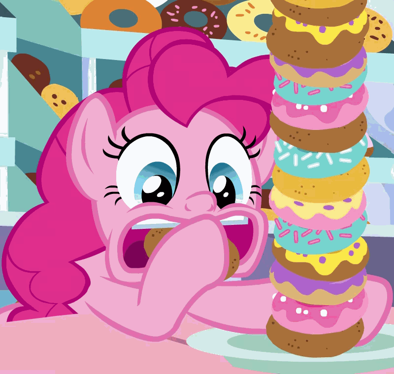 Size: 800x760 | Tagged: safe, screencap, character:pinkie pie, species:earth pony, species:pony, episode:the ending of the end, g4, my little pony: friendship is magic, animated, cropped, cute, diapinkes, donut, eating, food, gif, loop, overeating, perfect loop, solo, this will end in weight gain