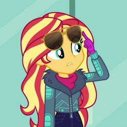 Size: 1024x1024 | Tagged: safe, screencap, character:sunset shimmer, equestria girls:holidays unwrapped, g4, my little pony:equestria girls, clothing, cropped, solo, sunglasses, winter outfit