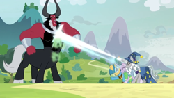 Size: 1366x768 | Tagged: safe, screencap, character:lord tirek, character:meadowbrook, character:mistmane, character:star swirl the bearded, species:centaur, species:earth pony, species:pony, species:unicorn, episode:the ending of the end, g4, my little pony: friendship is magic, blast, bracer, clothing, cloven hooves, curved horn, eyes closed, female, gas, hat, horn, laughing, magic, magic beam, magic blast, male, mare, mask, mountain, nose piercing, nose ring, outdoors, piercing, solo, stallion, taunting