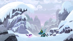 Size: 1366x768 | Tagged: safe, screencap, character:queen chrysalis, character:starlight glimmer, episode:the ending of the end, g4, my little pony: friendship is magic, cold, mountain, outdoors, snow, wind