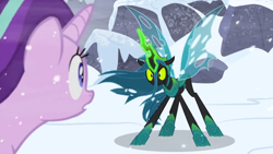 Size: 1366x768 | Tagged: safe, screencap, character:queen chrysalis, character:starlight glimmer, episode:the ending of the end, g4, my little pony: friendship is magic, angry, aura, magic, magic aura, outdoors, snow, wind