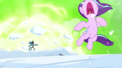 Size: 1366x768 | Tagged: safe, screencap, character:queen chrysalis, character:starlight glimmer, episode:the ending of the end, g4, my little pony: friendship is magic, aura, blast, explosion, knock out, magic, magic blast, snow