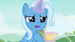 Size: 1920x1080 | Tagged: safe, screencap, character:trixie, species:pony, species:unicorn, episode:student counsel, cup, female, glowing horn, horn, magic, mare, open mouth, solo, teacup, telekinesis