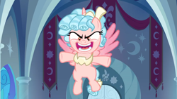 Size: 1366x768 | Tagged: safe, screencap, character:cozy glow, species:alicorn, species:pony, episode:the ending of the end, g4, my little pony: friendship is magic, alicornified, banner, cozycorn, crescent moon, evil laugh, flying, laughing, moon, pure concentrated unfiltered evil of the utmost potency, pure unfiltered evil, race swap, solo